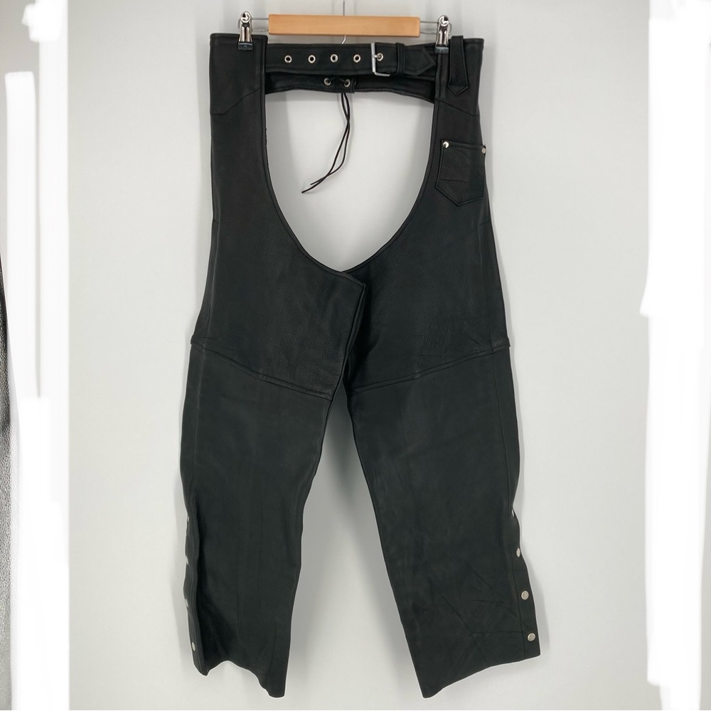 Leather Chaps Motorcycle Riding Pants Black Silver Zip Snap Buckle Biker Women M